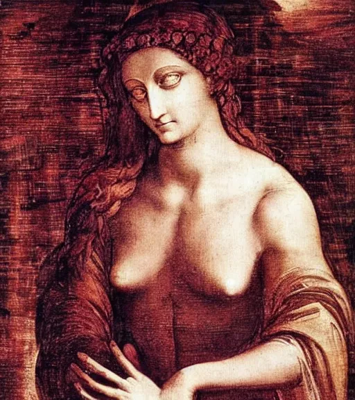 Image similar to godess of the night nyx in her primordial form in a shadwy position drawn in a painting style by leonardo da vinci, high quality, mystical