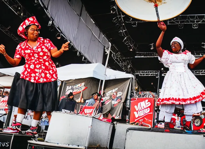 Image similar to photo still of aunt jemima in period attire at vans warped tour!!!!!!!! at age 4 0 years old 4 0 years of age!!!!!!! on stage tossing pancakes into the crowd, 8 k, 8 5 mm f 1. 8, studio lighting, rim light, right side key light