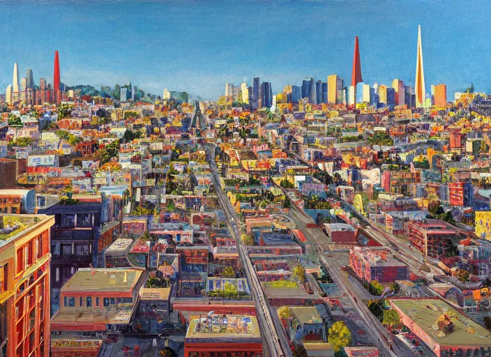 Image similar to a realistic San-Francisco cityscape, from the roof, tall terrace, hills, Golden Gate, houses, parks, and hell bursting in style of Wayne Thiebaud and Bosch