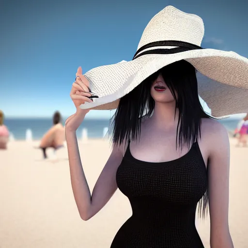 Image similar to unreal engine ue 4 high detail render of a well developed goth girl with brunette hair and bangs, a black tube top, a tiny blue skirt, fishnets, and a large black gothic sunhat at the beach disney style 4 k