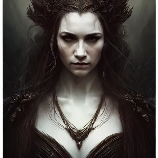 Prompt: Majestic and regal portrait of a female vampire, intricate, epic, elegant, menacing, fantasy, highly detailed, digital painting, hard focus, beautiful volumetric lighting, epic light, ultra detailed, by Leesha Hannigan, Ross Tran, Thierry Doizon, Kai Carpenter, Ignacio Fernández Ríos