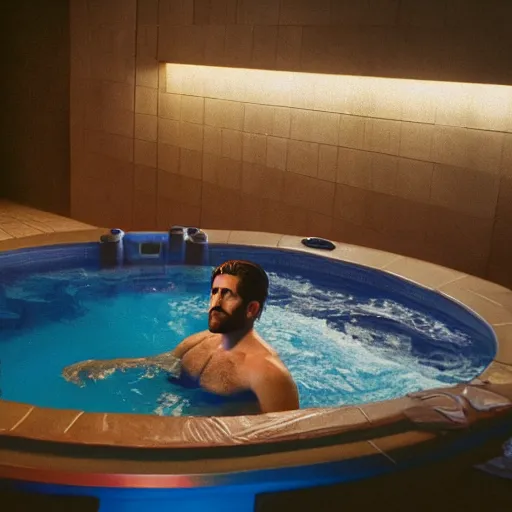 Prompt: cinestill of Jake Gyllenhaal sitting in a hot tub in the movie Waiting for Kristin