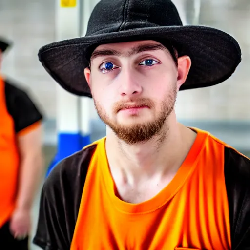 Image similar to close-up a 25 year old man wearing a black winter hat and a orange jail inmate tshirt, inside a underground facility, blue eyes, hideous, side lighting