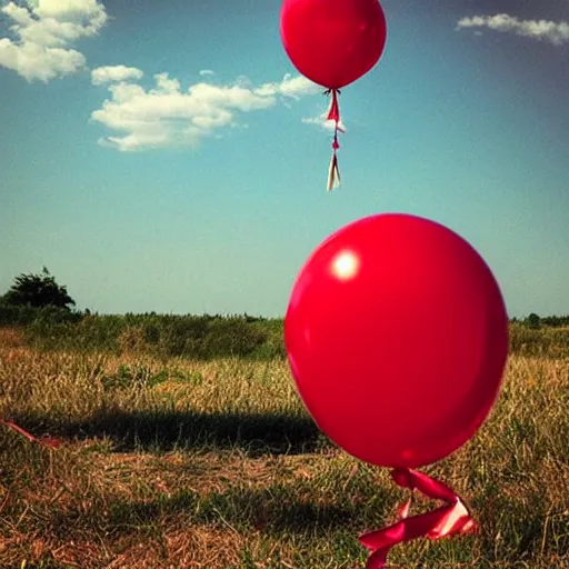 Prompt: “ becoming a champion of loss, watching memories float away like red balloons, against a sky at sunset ”