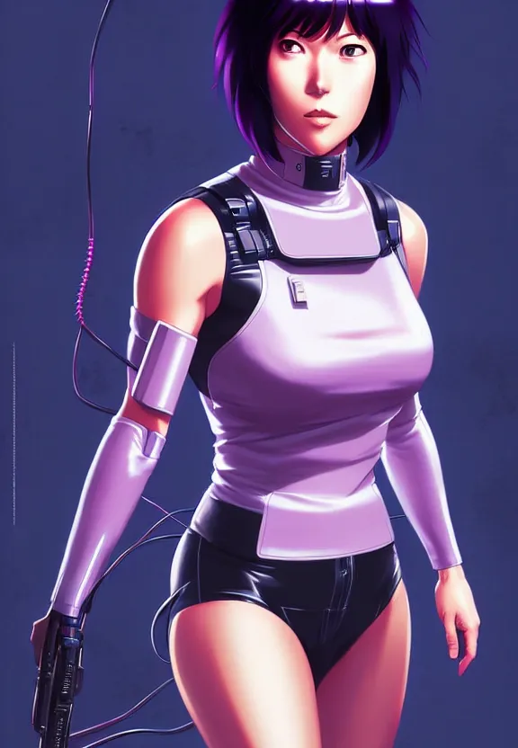 Image similar to a fullbody portrait of motoko kusanagi the major ghost in the shell : : connected to cables, under repairs, maintenance area, technicians : : by ilya kuvshinov, rossdraws, artgerm, sola digital arts, anti aliasing, raytracing : :