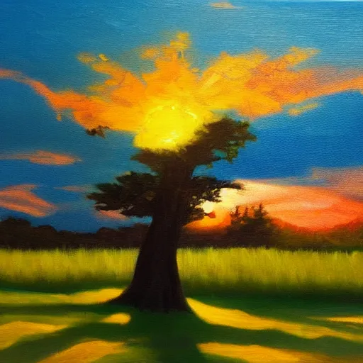Prompt: an oil painting of a tree in sunset, colorful