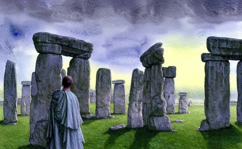 Image similar to a hyperrealist watercolour character concept art portrait of one small grey medieval monk pointing up in the air in front of a floating portal above a complete stonehenge monument on a misty night. by rebecca guay, michael kaluta, charles vess and jean moebius giraud