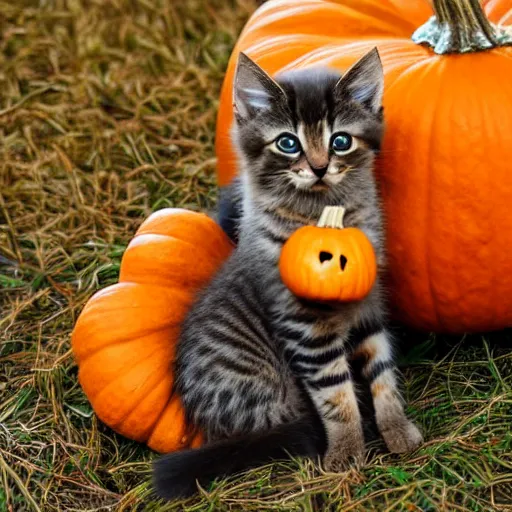 Image similar to adorable kitten sitting on a pumpkin in a field of pumpkins, cinematic lighting, autumn