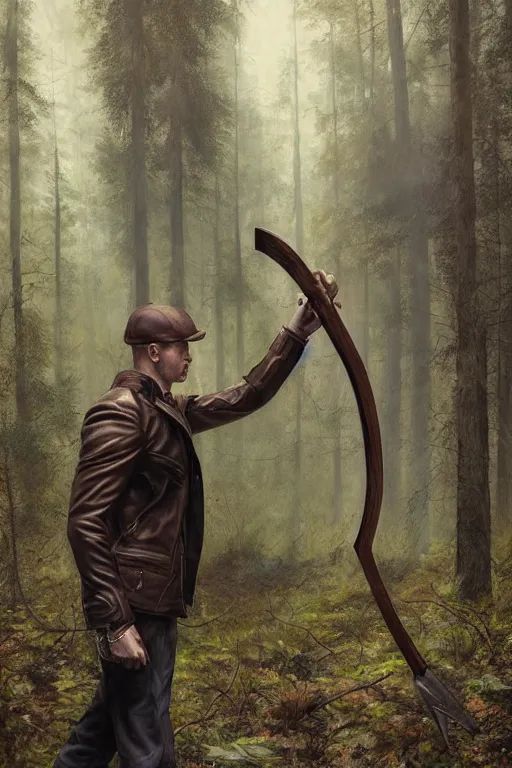 Image similar to a hitman named cobalt wearing a brown leather jacket and wielding a hatchet in the woods. art by tomasz alen kopera.