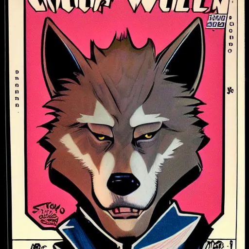 Image similar to 1 9 8 0 s comic book cover scan featuring a portrait of villain male wolf o'donnell anthropomorphic wolf furry fursona from starfox wearing a dark space mercenary uniform, dark grey wolf, handsome eyes, wolf o'donnell