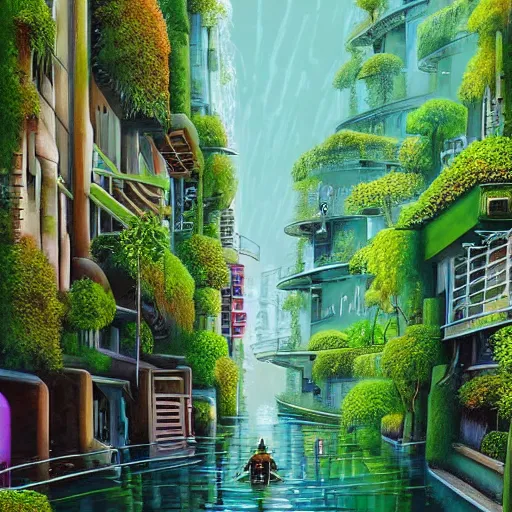 Image similar to Narrow cosy waterway in beautiful green futuristic sci-fi city in harmony with nature. Nice colour scheme, soft warm colour. Beautiful detailed painting by Lurid. (2022)