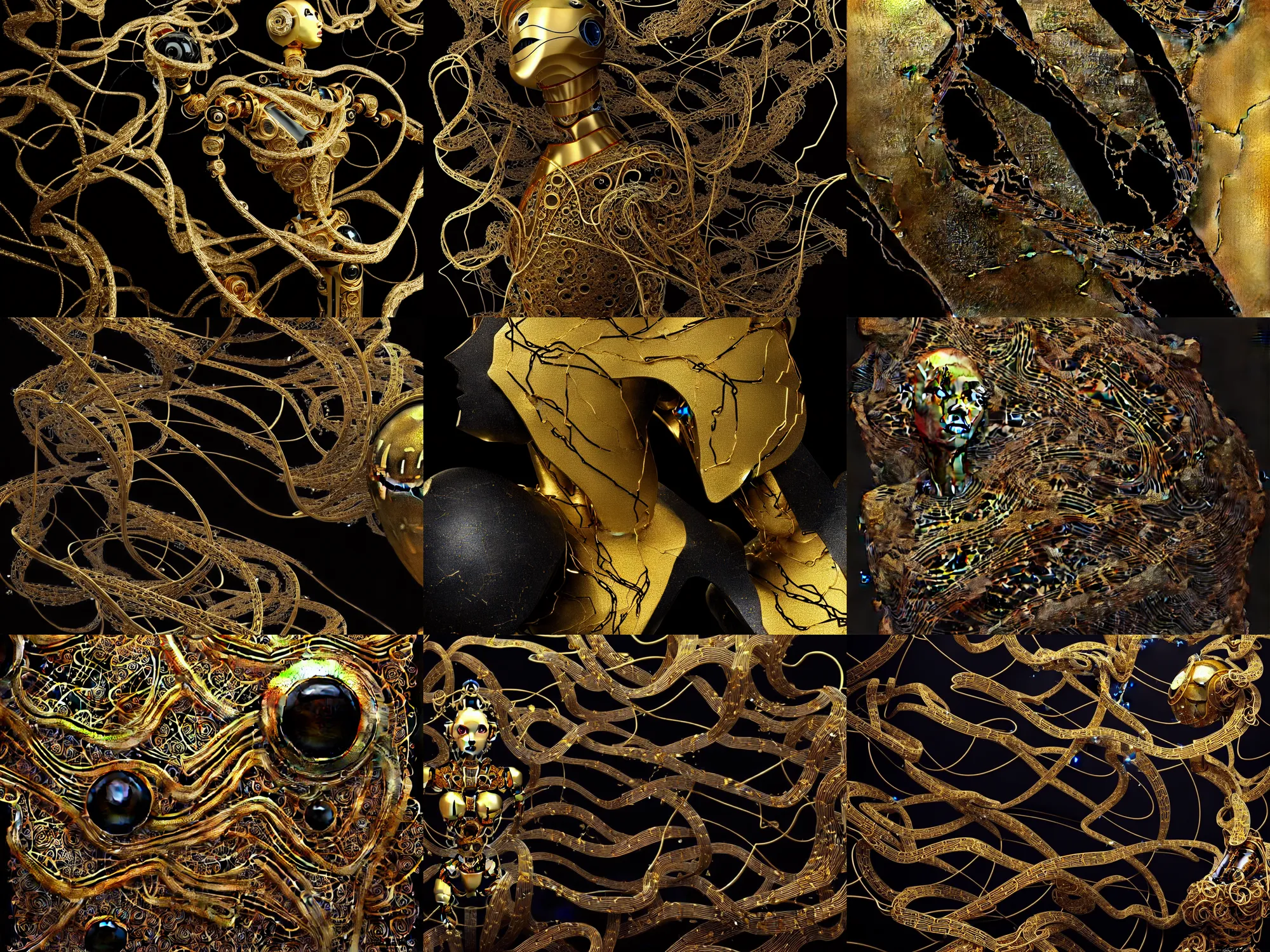 Prompt: beautiful 3 d render of a robot by billelis + gold and marble sculpture + gold filigree + kintsugi, vines dripping black iridescent liquid, moody, dramatic, introspective, marble columns in background, transcendent, vibrant color, clean linework, finely detailed, 4 k, trending on artstation, photorealistic, volumetric lighting, octane render