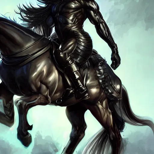 Prompt: splash art of a super buff black - coated anthropomorphic horse character wearing a leather combat suit, long hair, exaggerated muscles, highly detailed, furry, furaffinity, digital painting, full body, artstation, sharp focus, illustration, art by artgerm, greg rutkowski, alphonse mucha