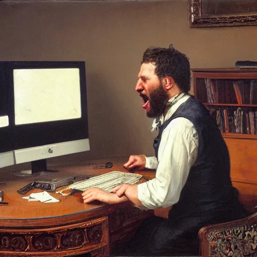 Image similar to an angry man yells at his computer monitor, oil on canvas, 1 8 8 3, highly detailed, high resolution