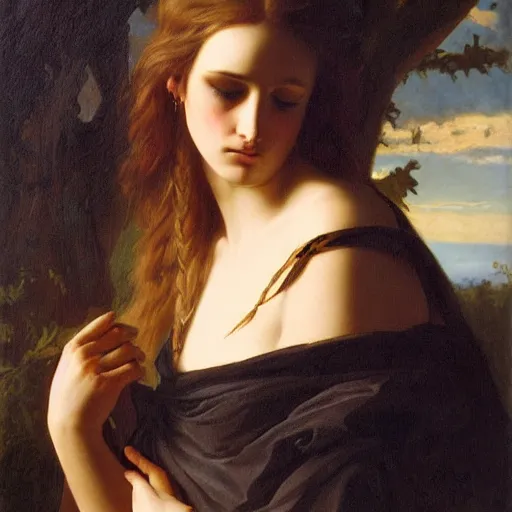Image similar to oil painting of a beautiful woman mourning the death of a monster by Guillaume Seignac