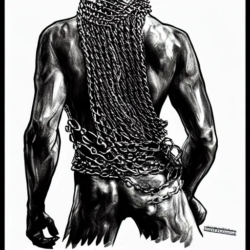 Image similar to A PORTRAIT FROM BEHIND OF A MAN ,THE THE MAN IS WRAPPED IN CHAINS ,detailed, concept art, ink style , sketch