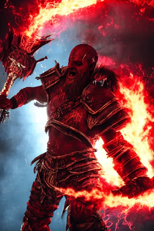 Prompt: red face paint armored screaming kratos rocking out on a flaming stratocaster guitar, cinematic render, god of war 2 0 1 8, playstation studios official media, lightning, flames, left eye red stripe, red left eye stripe, left eye red stripe, red left eye stripe, clear, coherent