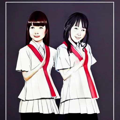 Image similar to a perfect, realistic professional digital sketch of two hyperrealistic Japanese schoolgirls posing, in style of Marvel, full length, by pen and watercolor, by a professional American senior artist on ArtStation, a high-quality hollywood-style sketch, on high-quality paper