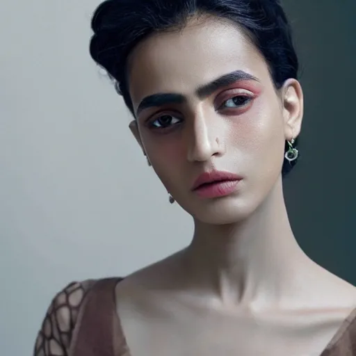 Prompt: a muted colors natural portrait photograph of a Pakistani model, editorial story, Vogue Italy, editorial photography