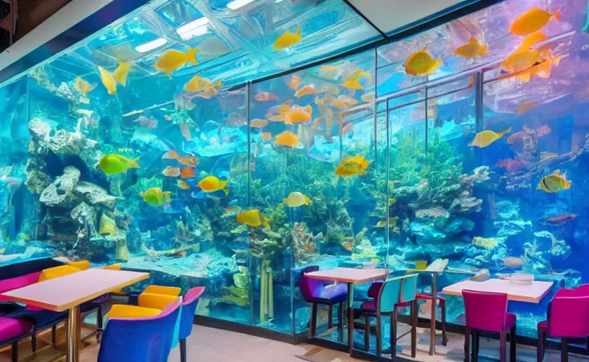 Image similar to inside a fastfood fish restaurant, fluorescent light, bright, atlantis theme, an aquarium at the wall, at the end is a giant door with stairs in front of it