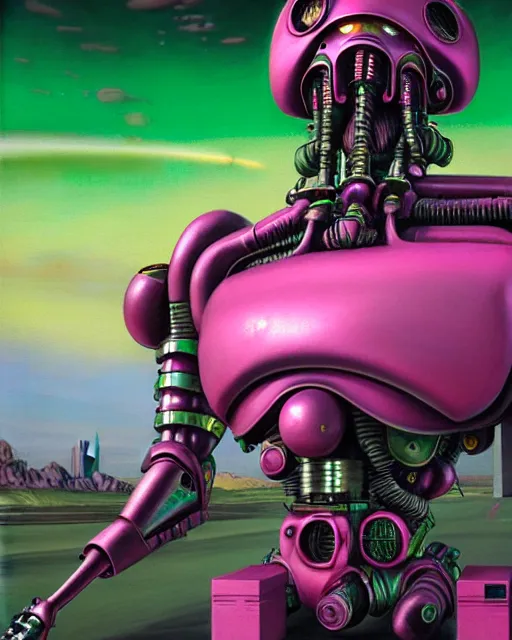 Image similar to hyperrealistic hyperdetailed graffiti mecha iridescent pink fighting aliens concept art santiago caruso de chirico sharp very dramatic green light 8k low angle shallow depth of field