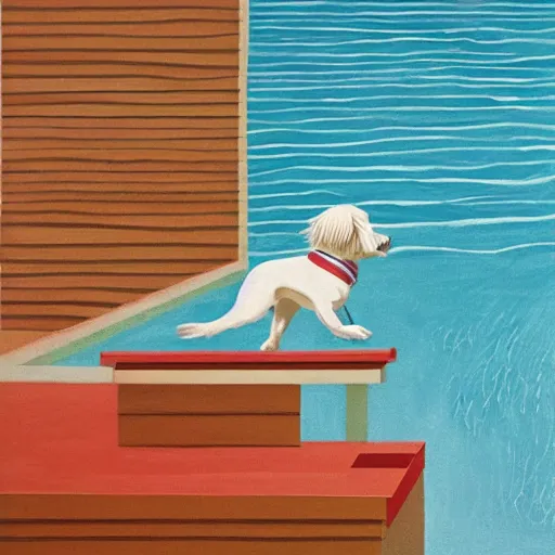 Prompt: medium shot, cream colored havanese dog jumping from a diving board into a pool at a mid century modern house in palm springs, painting by david hockney