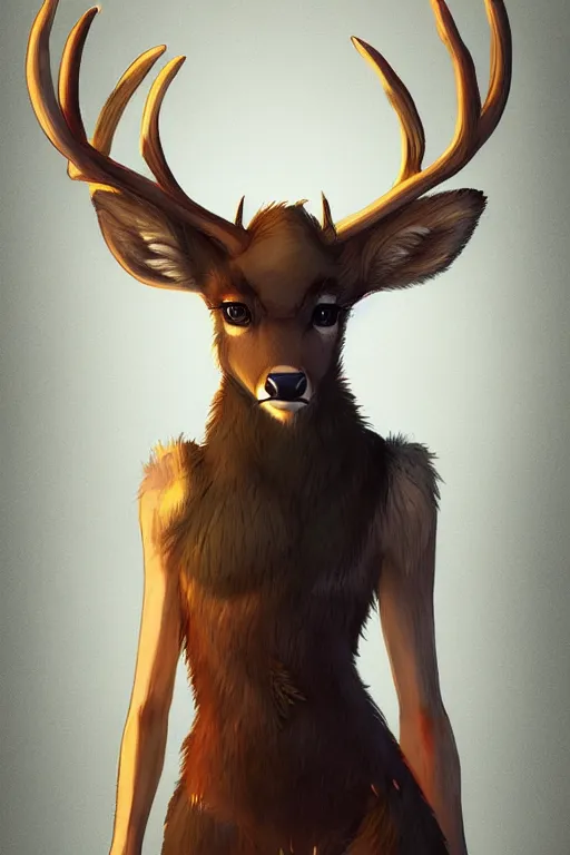 Prompt: a deer fursona, trending on artstation, by kawacy, furry art, digital art, cyberpunk, high quality, backlighting