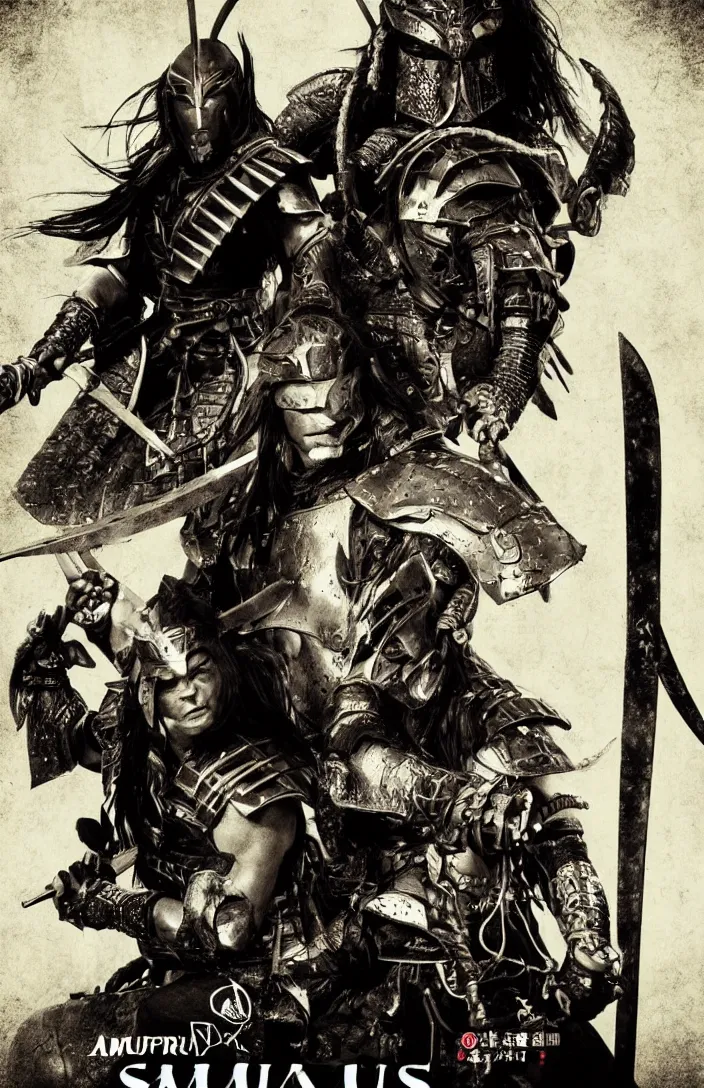 Prompt: movie film poster art for samurai vs predator film shot in feudal japan staring hiroyuki sanada. in the style of ansel adams, frank frazzetta, warcraft