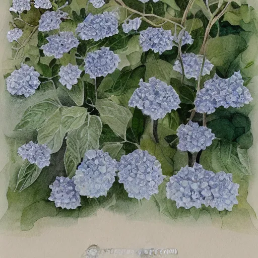 Image similar to delicate marble in a garden, stony, puffy, botanical herbarium paper, botanic, watercolor colored painting, pencil, iridescent colors, 8 k, realistic shaded, fine details, artstation, italian, colonnade, hydrangea, vines, gardena architecture, pompeii