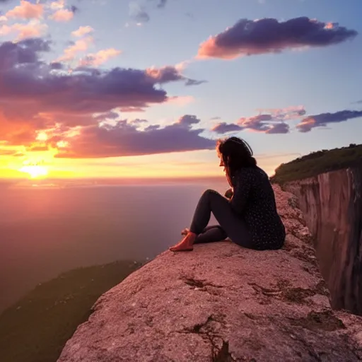 Prompt: a woman sitting on the edge of a cliff watching the sunset