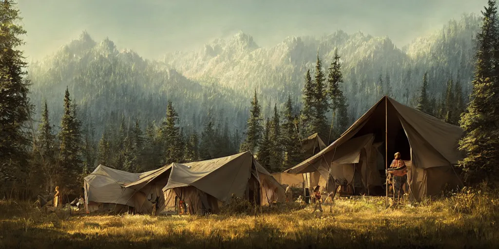 Image similar to cabela's tent fabric shelled pop up family dwelling unit, cabin, modular, person in foreground, mountainous forested wilderness open fields, beautiful views, painterly concept art, joanna gaines, environmental concept art, farmhouse, magnolia, concept art illustration by ross tran, james gurney, by craig mullins, by greg rutkowski