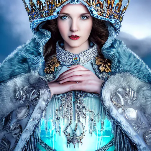 Prompt: beautiful ice queen with ornate cloak and crown, highly detailed, 4k, HDR, sharp focus, hyper realistic,