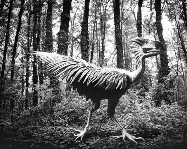 Image similar to hyper realistic vintage photograph of a real feathered velociraptor in a forest, ultra detailed, grain, old, monochrome, sepia toned, realistic lighting, wide angle, prehistoric planet