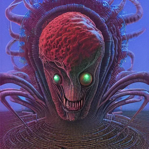 Image similar to iconic hybrid infected mushroom alien, album hyper detailed art style by Zdiszlaw Beksinski and Toshihiro Egawa and H.R. Giger and Artstation trending 8k