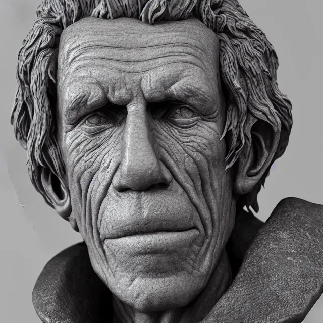 Image similar to photography of a bust of old Keith Richards made of clay by Sebastian Kruger and Michelangelo, wrinkles, 50mm, studio atmosphere, 8K, rim light, octane render, ultra-realistic