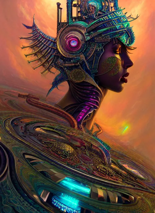 Image similar to hyper detailed ultra sharp of a goddesscore slutpunk biocore overcrowded flying island city trending on artstation, warpaint aesthetic, earthwave, colorful, psychedelic, ornate, intricate, digital painting, concept art, smooth, sharp focus, illustration, art by artgerm and greg rutkowski and h. r. giger, 8 k