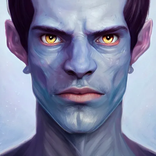 Prompt: head-on symmetrical centered painted portrait, a man with completely blue skin in his twenties as a D&D wizard, fantasy, intricate, elegant, highly detailed, digital painting, smooth, sharp focus, illustration, artstation, in the style of Artgerm and Anna Podedworna and Charlie Bowater