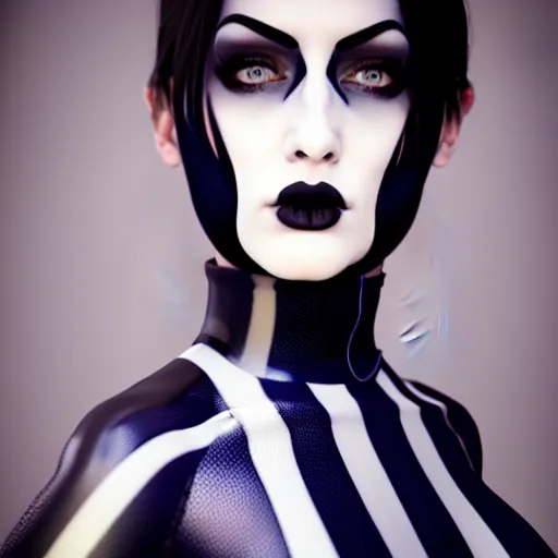 Prompt: a pale goth woman with a modest elaborate elegant blue-white-black multilayered latex striped tight high-neck outfit, fully clothed, cgsociety, photorealistic, sublime-cool-badass-hyperadvanced, 16k, smooth, sharp focus, trending on ArtStation, volumetric lighting