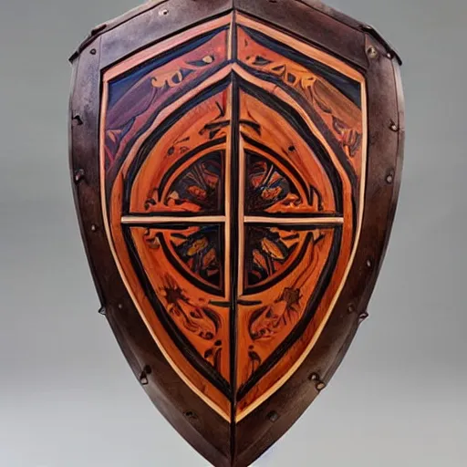 Image similar to impressive teardrop kite shield, made from hardwood A true work of mastery, as this shield was forged by summit dwarves in a storm workshop. The shield's edges are emblazoned with a thick metal lining and have been decorated with intricate metalwork. Its centre is garnished with symmetrical paintwork and zealous texts. It's clear this shield has been through numerous battles. Holes and cracks made by who knows what leave visible reminders of victory and loss, but one this is for sure: death will have to wait a little while longer.