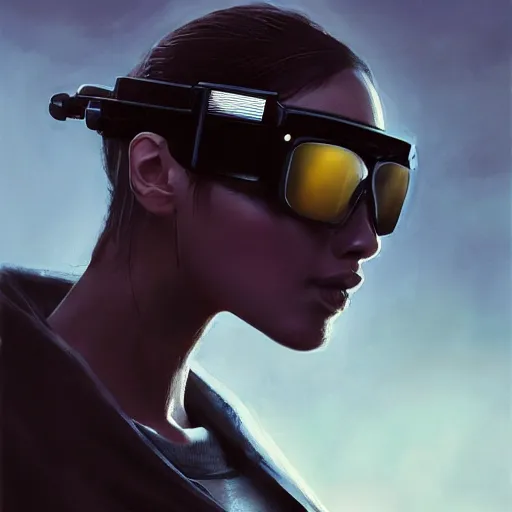 Prompt: closeup portrait of a young trained female cyberpunk assassin, sunglasses, black hair, shag cut, dramatic light, city background, sunset, dystopian setting, high contrast, sharp, painted by stanley lau, painted by greg rutkowski, painted by stanley artgerm, digital art, trending on artstation