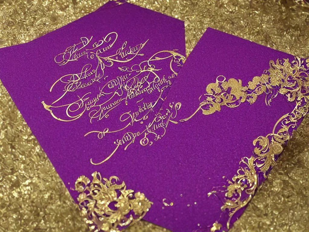 Image similar to Rich purple paper with delicate gold embossed borders, a card that is an invitation to a masquerade ball, intricate, beautiful, opulent