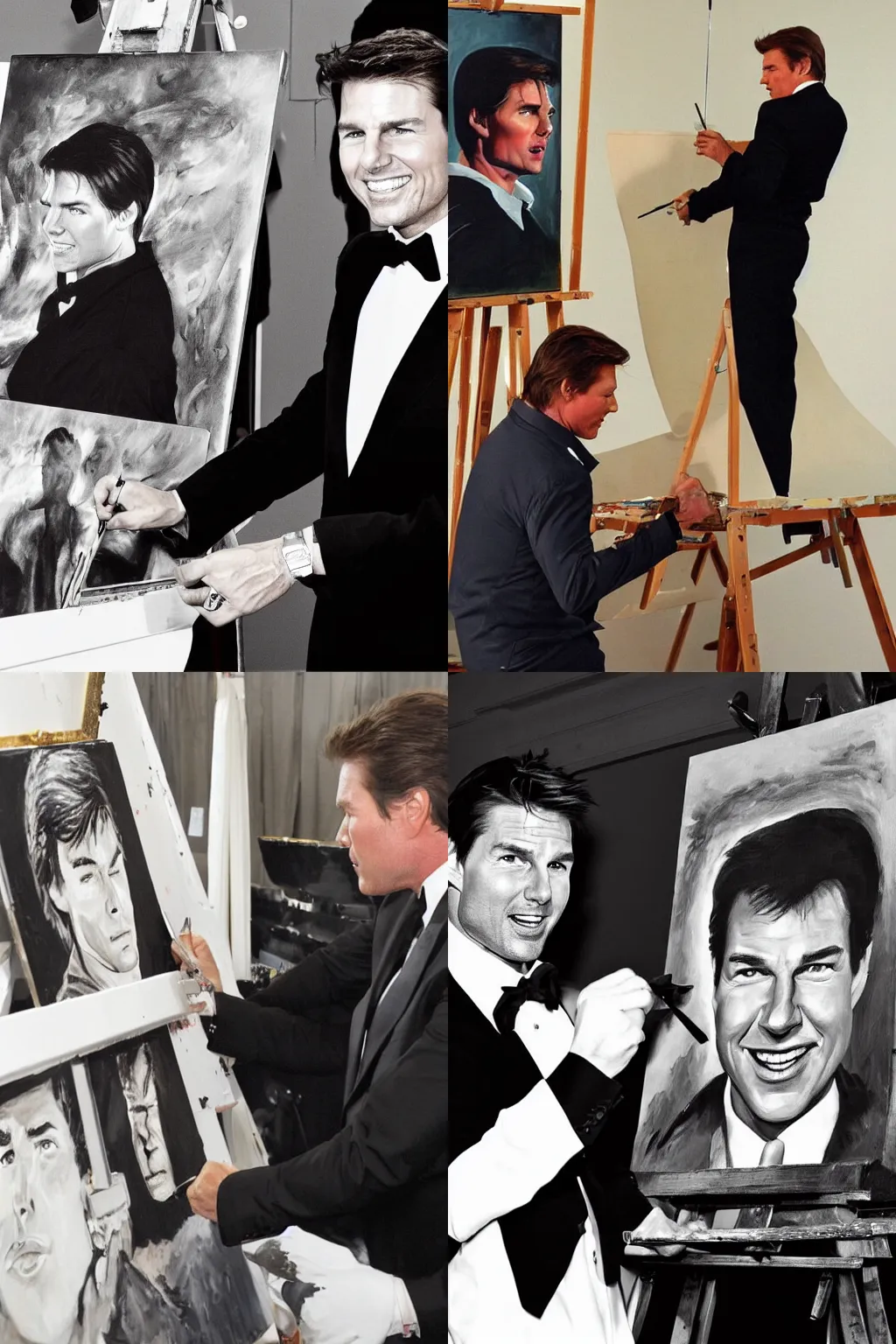 Prompt: a photo of Tom Cruise painting a portrait of William Shatner singing on stage in a tuxedo next to Frank Sinatra