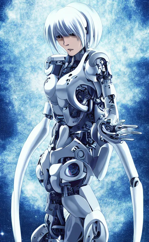 Prompt: anime cyborg woman silver hair standing arms crossed in space suit, anime, ghost in the shell, photo, highly detailed
