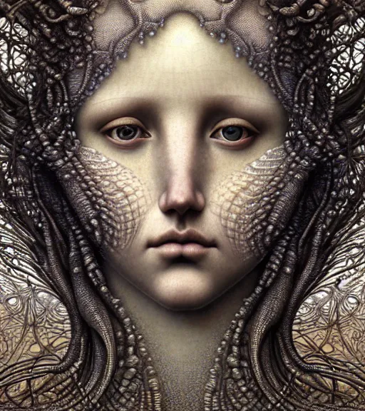 Prompt: detailed realistic beautiful mermaid goddess face portrait by jean delville, gustave dore, iris van herpen and marco mazzoni, art forms of nature by ernst haeckel, art nouveau, symbolist, visionary, gothic, neo - gothic, pre - raphaelite, fractal lace, intricate alien botanicals, ai biodiversity, surreality, hyperdetailed ultrasharp octane render