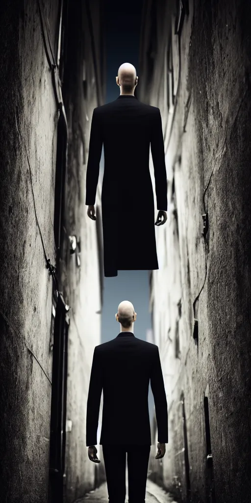 Prompt: photograph of a man with a very elongated thin head in a dark alley, 8k resolution, high detail, ULTRA REALISTIC VFX, reflections