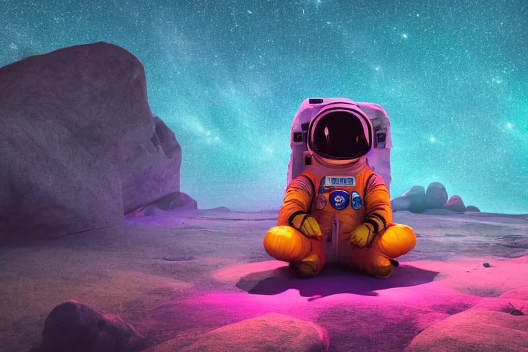 Image similar to Wide shot of a colorful astronaut sitting on a rock in space designed by Lisa Frank, lonely, glows, cinematic lighting, ambient light,