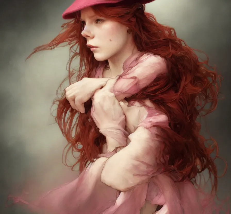 Prompt: one person only, realistic, portrait, centered, dramatic, fantasy, render of a redhead young girl, with a pink wool street hat on her head, by wlop, artgerm, greg rutkowski, alphonse mucha, beautiful dynamic, dramatic, dark, moody lighting, shadows, cinematic atmosphere, artstation, concept design art, octane render, 8 k