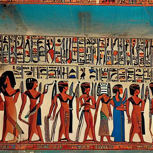 Prompt: founded egyptian painting of humans praising an emoji god