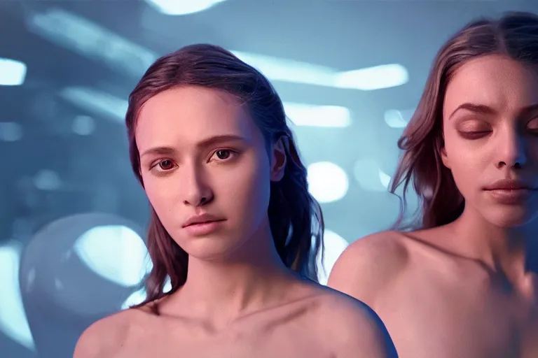 Prompt: VFX movie of a futuristic closeup portrait in high tech compound, beautiful natural skin neon lighting by Emmanuel Lubezki