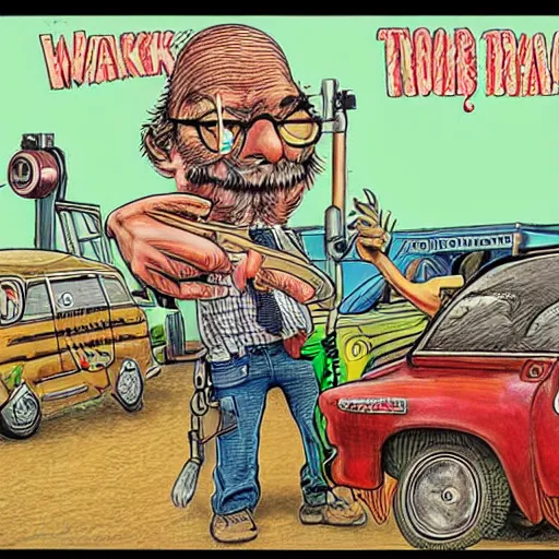 Image similar to The Artwork of R. Crumb and his Mechanic Joke, pencil and colored marker artwork, trailer-trash lifestyle